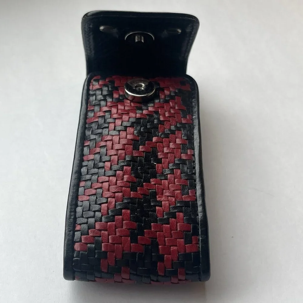 Vtg Brighton Woven Leather Lipstick Holder Case Black Red Houndstooth Mock Croc